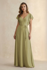 Ruffled V-Neck Chiffon A-Line Bridesmaid Dress in Moss Green | KISSBRIDAL