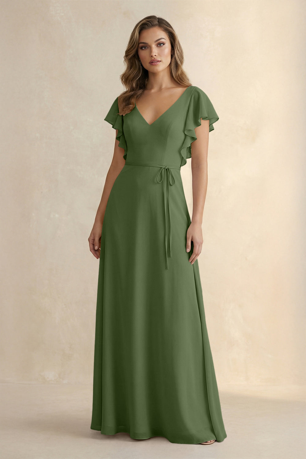 Ruffled V-Neck Chiffon A-Line Bridesmaid Dress in Moss