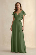 Ruffled V-Neck Chiffon A-Line Bridesmaid Dress in Moss | KISSBRIDAL