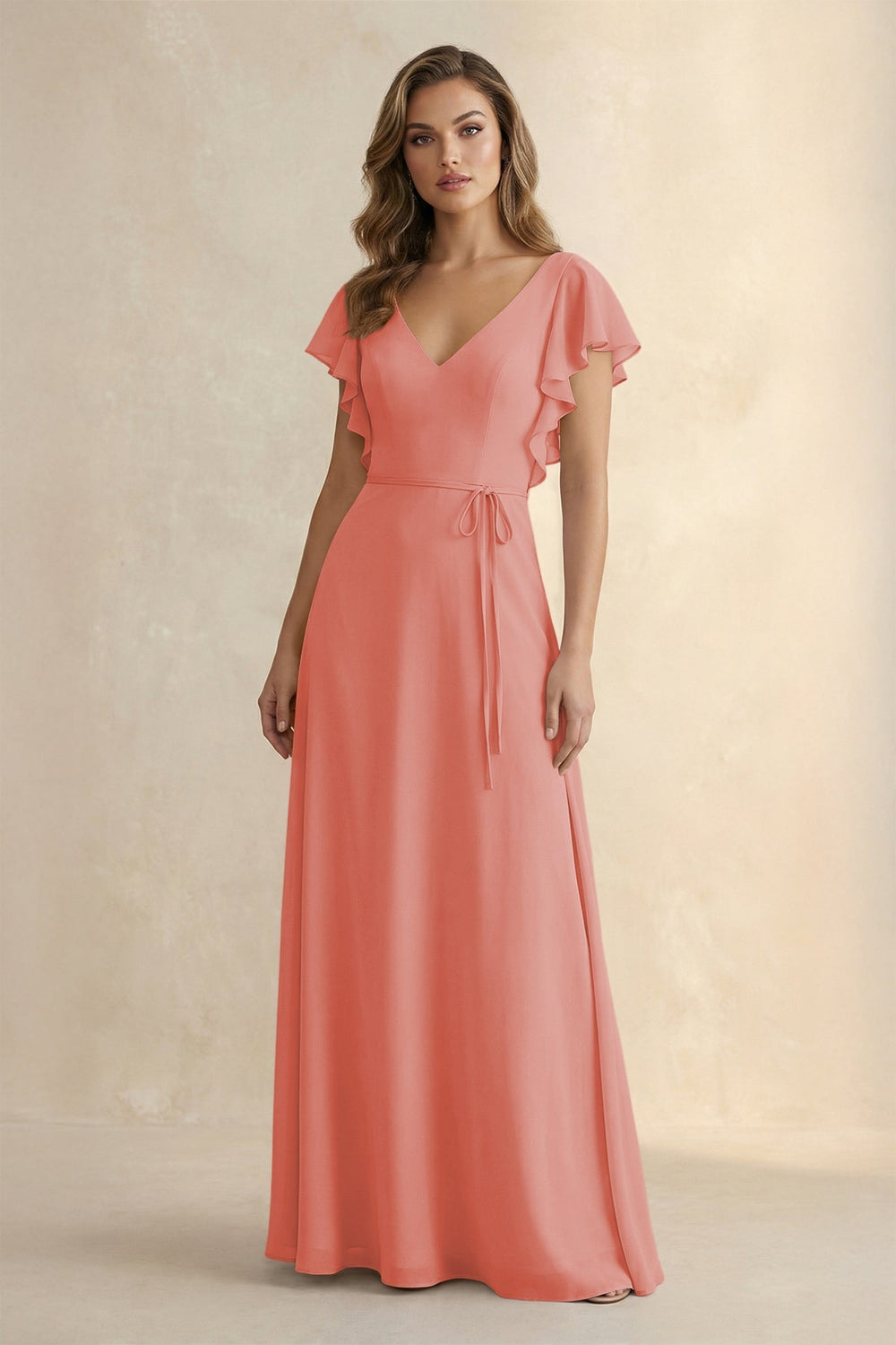 Ruffled V - Neck Chiffon A - Line Bridesmaid Dress in Mulberry - KISS BRIDAL Bridesmaid Dresses