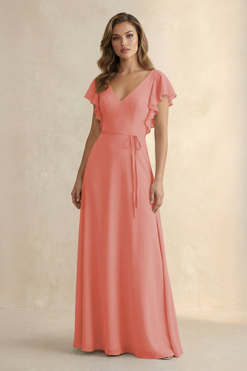 Ruffled V - Neck Chiffon A - Line Bridesmaid Dress in Mulberry - SHE IS ME Bridesmaid Dresses