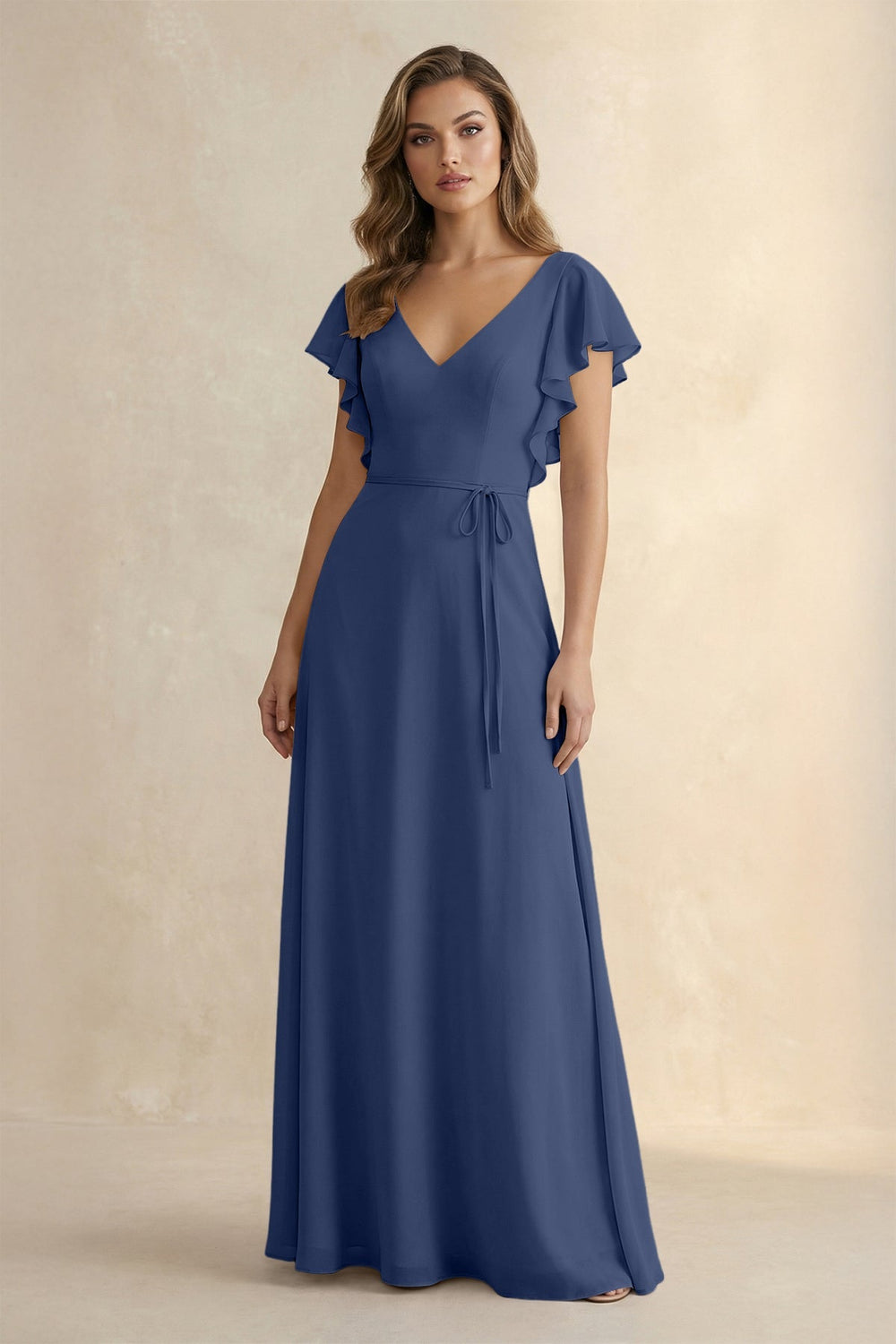 Ruffled V - Neck Chiffon A - Line Bridesmaid Dress in Navy - KISS BRIDAL Bridesmaid Dresses