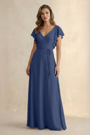 Ruffled V - Neck Chiffon A - Line Bridesmaid Dress in Navy - SHE IS ME Bridesmaid Dresses