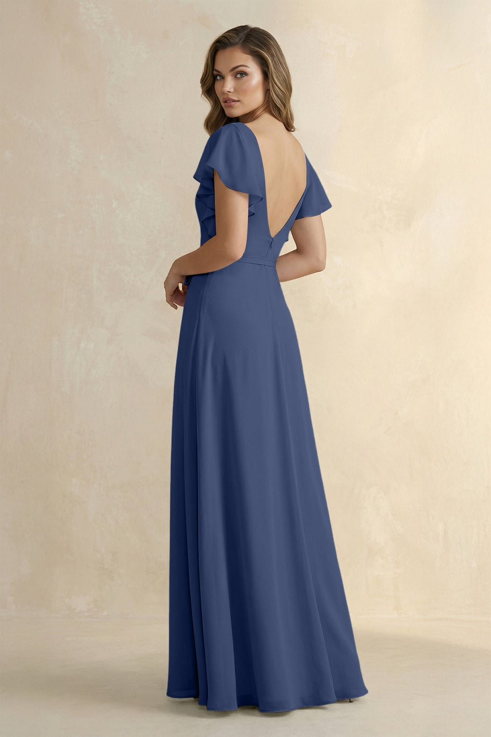 Ruffled V - Neck Chiffon A - Line Bridesmaid Dress in Navy - KISS BRIDAL Bridesmaid Dresses