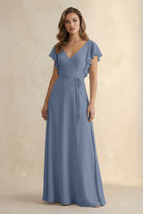 Ruffled V - Neck Chiffon A - Line Bridesmaid Dress in Neptune - KISS BRIDAL Bridesmaid Dresses