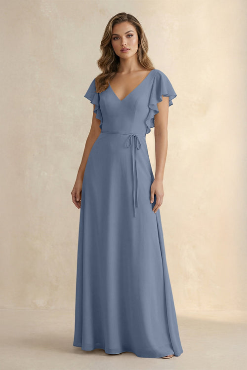 Ruffled V - Neck Chiffon A - Line Bridesmaid Dress in Neptune - SHE IS ME Bridesmaid Dresses