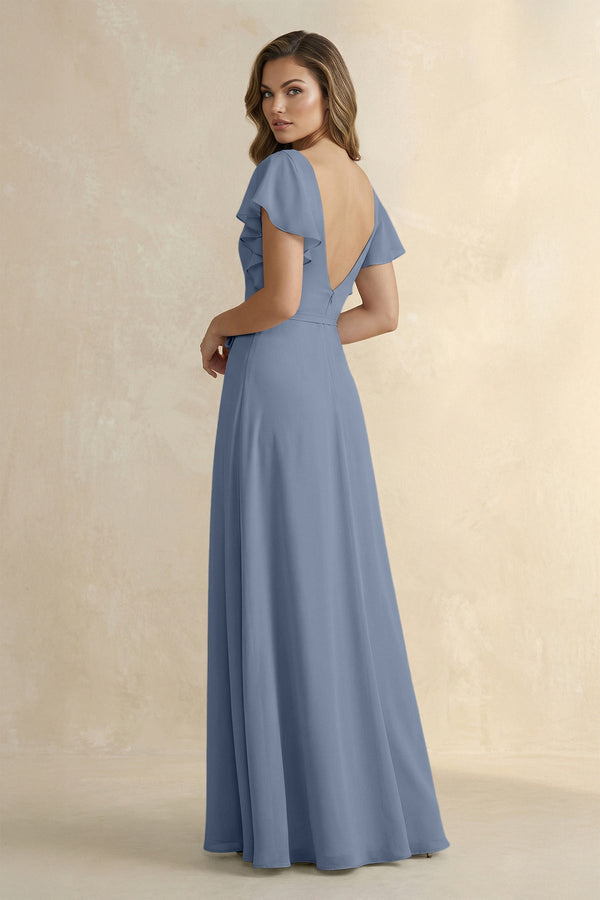 Ruffled V - Neck Chiffon A - Line Bridesmaid Dress in Neptune - SHE IS ME Bridesmaid Dresses