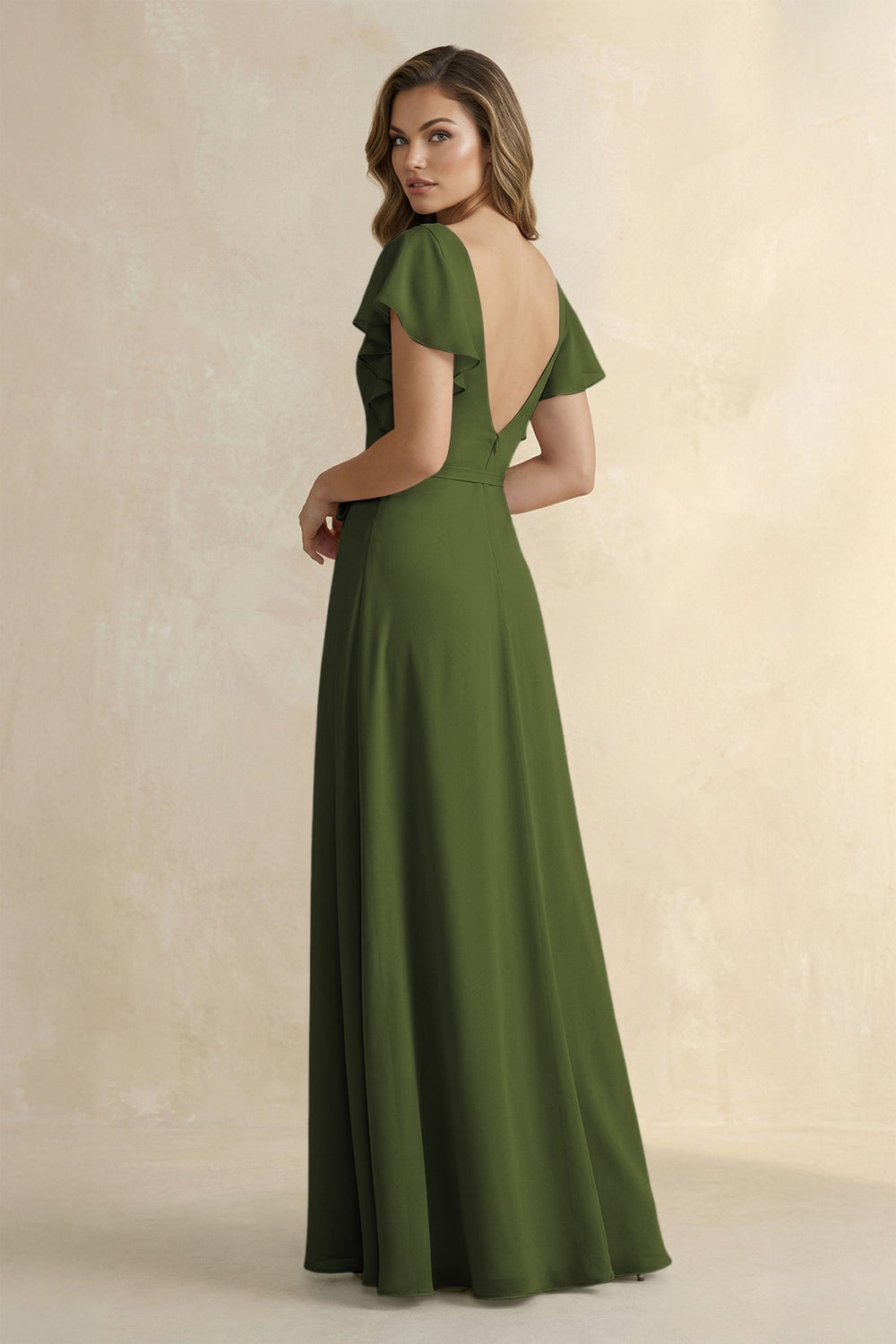 Ruffled V - Neck Chiffon A - Line Bridesmaid Dress in Olive - KISS BRIDAL Bridesmaid Dresses