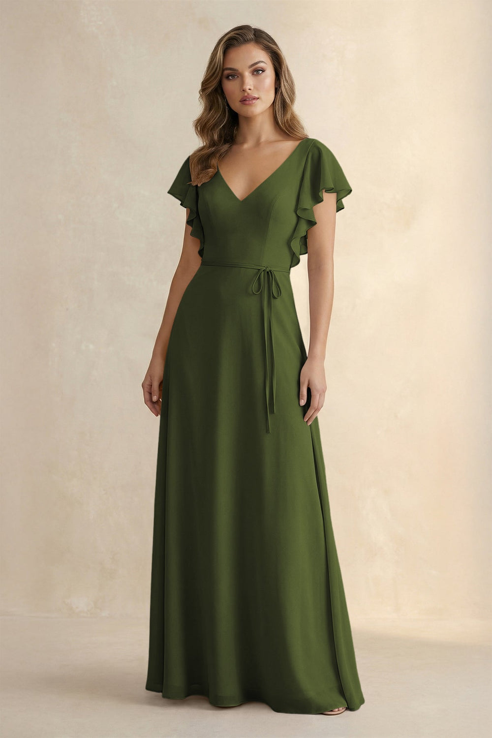 Ruffled V - Neck Chiffon A - Line Bridesmaid Dress in Olive - KISS BRIDAL Bridesmaid Dresses