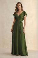 Ruffled V - Neck Chiffon A - Line Bridesmaid Dress in Olive - SHE IS ME Bridesmaid Dresses