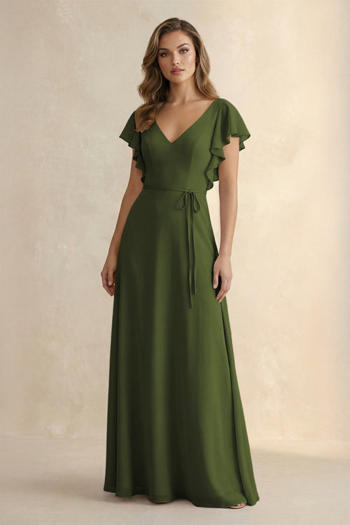 Ruffled V - Neck Chiffon A - Line Bridesmaid Dress in Olive - SHE IS ME Bridesmaid Dresses