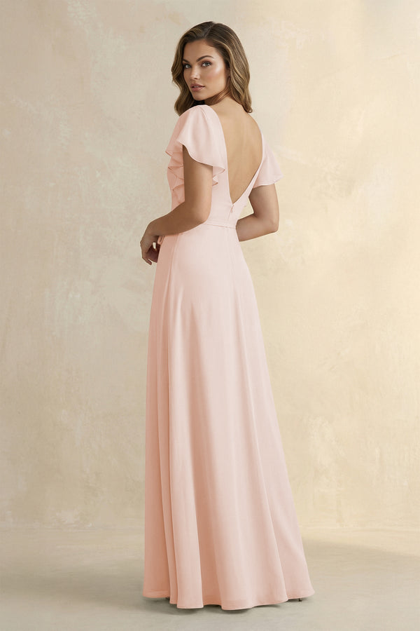Ruffled V - Neck Chiffon A - Line Bridesmaid Dress in Pale Blush - SHE IS ME Bridesmaid Dresses