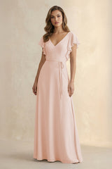 Ruffled V - Neck Chiffon A - Line Bridesmaid Dress in Pale Blush - KISS BRIDAL Bridesmaid Dresses