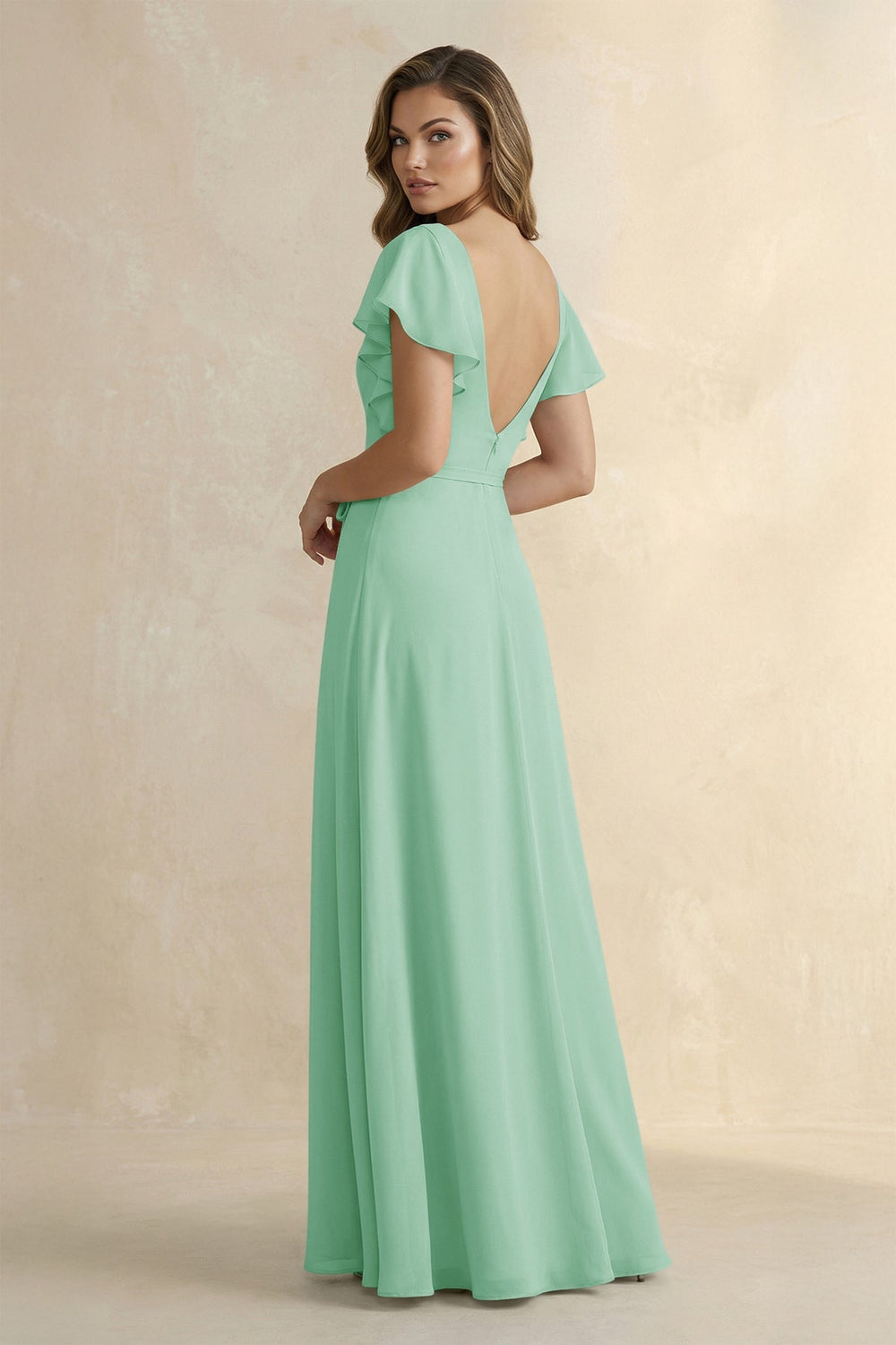 Ruffled V - Neck Chiffon A - Line Bridesmaid Dress in Pale Pistachio - KISS BRIDAL Bridesmaid Dresses