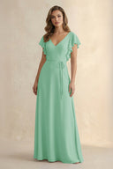 Ruffled V - Neck Chiffon A - Line Bridesmaid Dress in Pale Pistachio - SHE IS ME Bridesmaid Dresses