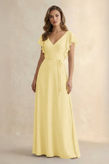 Ruffled V - Neck Chiffon A - Line Bridesmaid Dress in Pastel Yellow - KISS BRIDAL Bridesmaid Dresses