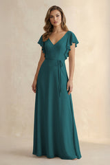 Ruffled V - Neck Chiffon A - Line Bridesmaid Dress in Pine - KISS BRIDAL Bridesmaid Dresses