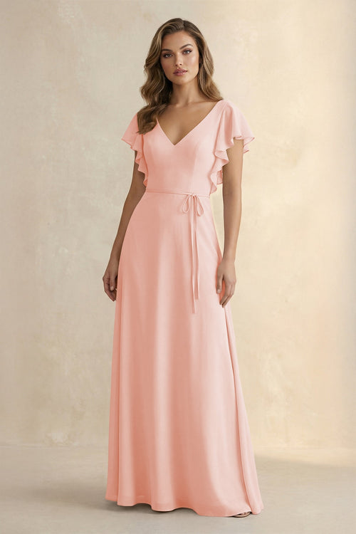 Ruffled V - Neck Chiffon A - Line Bridesmaid Dress in Rose Petal - SHE IS ME Bridesmaid Dresses