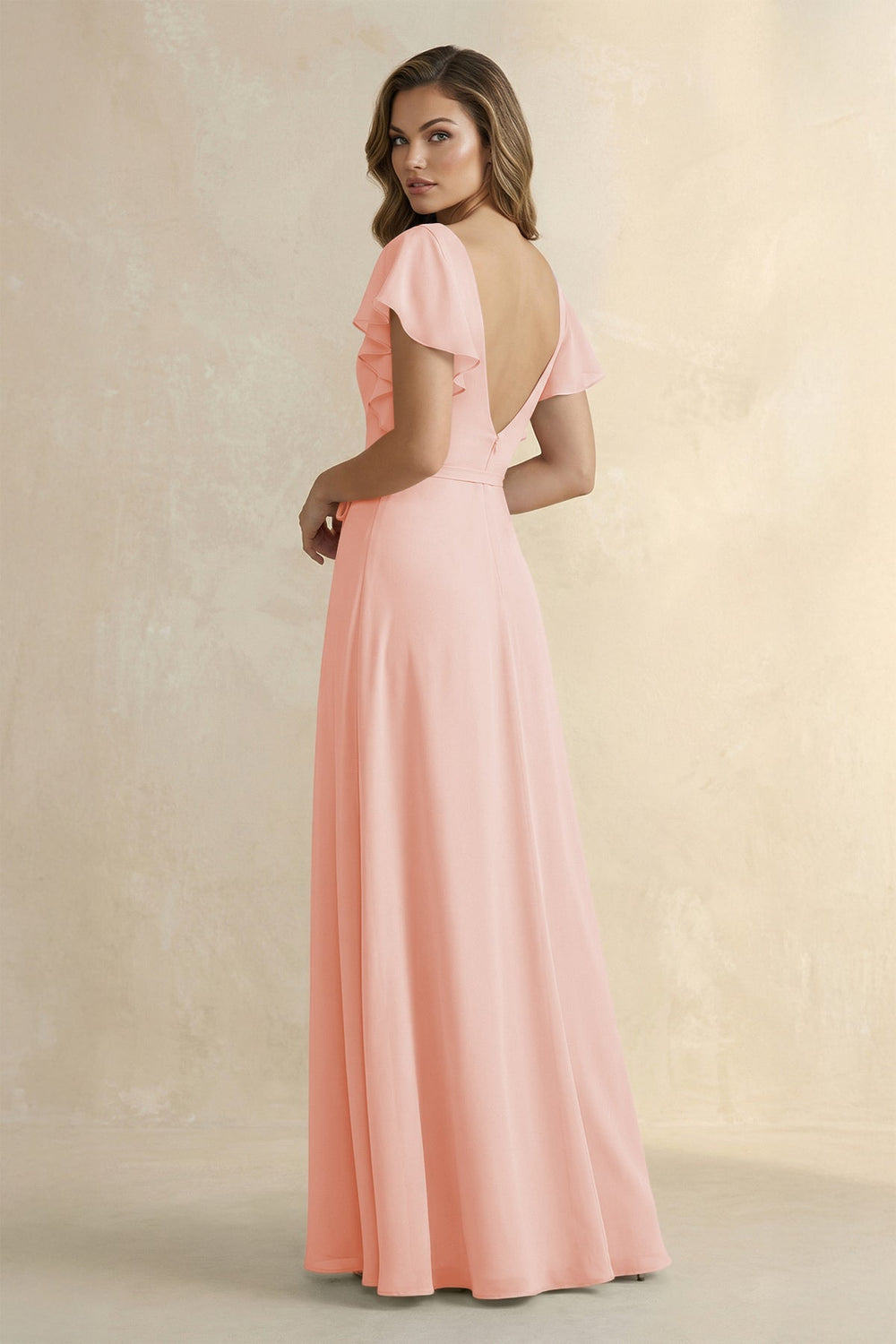 Ruffled V - Neck Chiffon A - Line Bridesmaid Dress in Rose Petal - KISS BRIDAL Bridesmaid Dresses