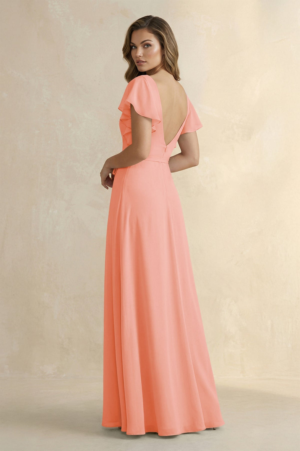 Ruffled V - Neck Chiffon A - Line Bridesmaid Dress in Rosette - KISS BRIDAL Bridesmaid Dresses