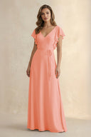 Ruffled V - Neck Chiffon A - Line Bridesmaid Dress in Rosette - SHE IS ME Bridesmaid Dresses
