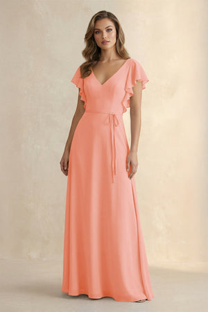 Ruffled V - Neck Chiffon A - Line Bridesmaid Dress in Rosette - SHE IS ME Bridesmaid Dresses