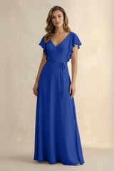 Ruffled V - Neck Chiffon A - Line Bridesmaid Dress in Royal Blue - KISS BRIDAL Bridesmaid Dresses