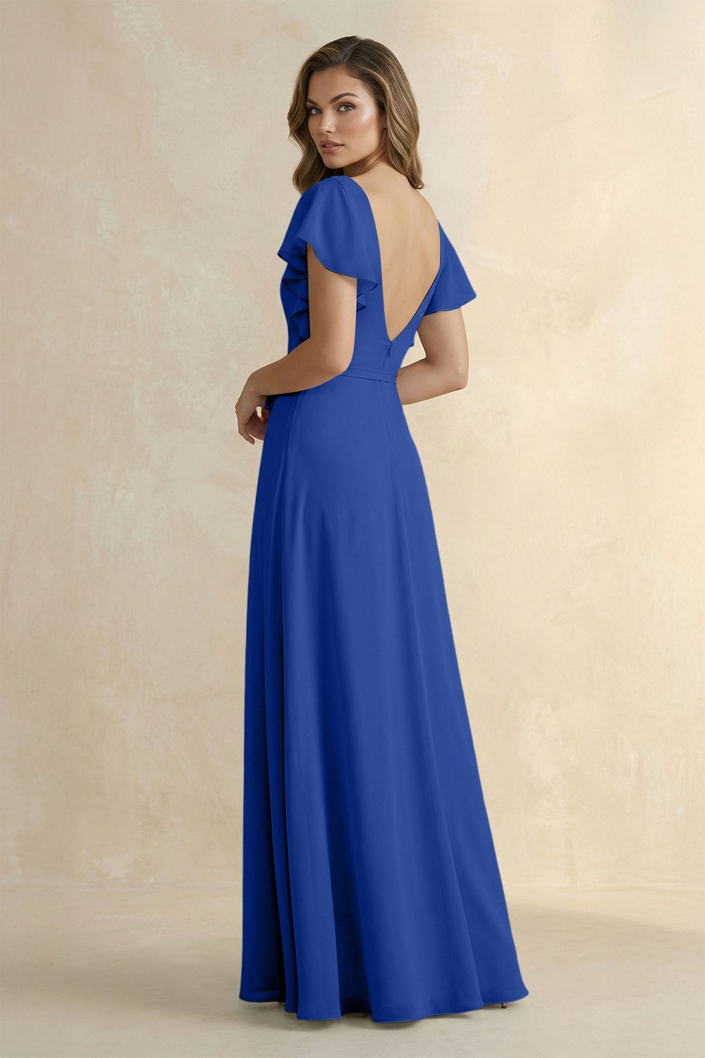 Ruffled V - Neck Chiffon A - Line Bridesmaid Dress in Royal Blue - KISS BRIDAL Bridesmaid Dresses