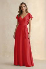 Ruffled V - Neck Chiffon A - Line Bridesmaid Dress in Ruby Red - KISS BRIDAL Bridesmaid Dresses