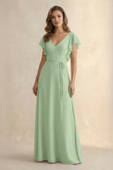 Ruffled V - Neck Chiffon A - Line Bridesmaid Dress in Sage - SHE IS ME Bridesmaid Dresses