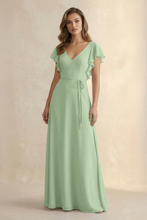 Ruffled V - Neck Chiffon A - Line Bridesmaid Dress in Sage - SHE IS ME Bridesmaid Dresses