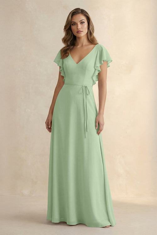 Ruffled V - Neck Chiffon A - Line Bridesmaid Dress in Sage - SHE IS ME Bridesmaid Dresses