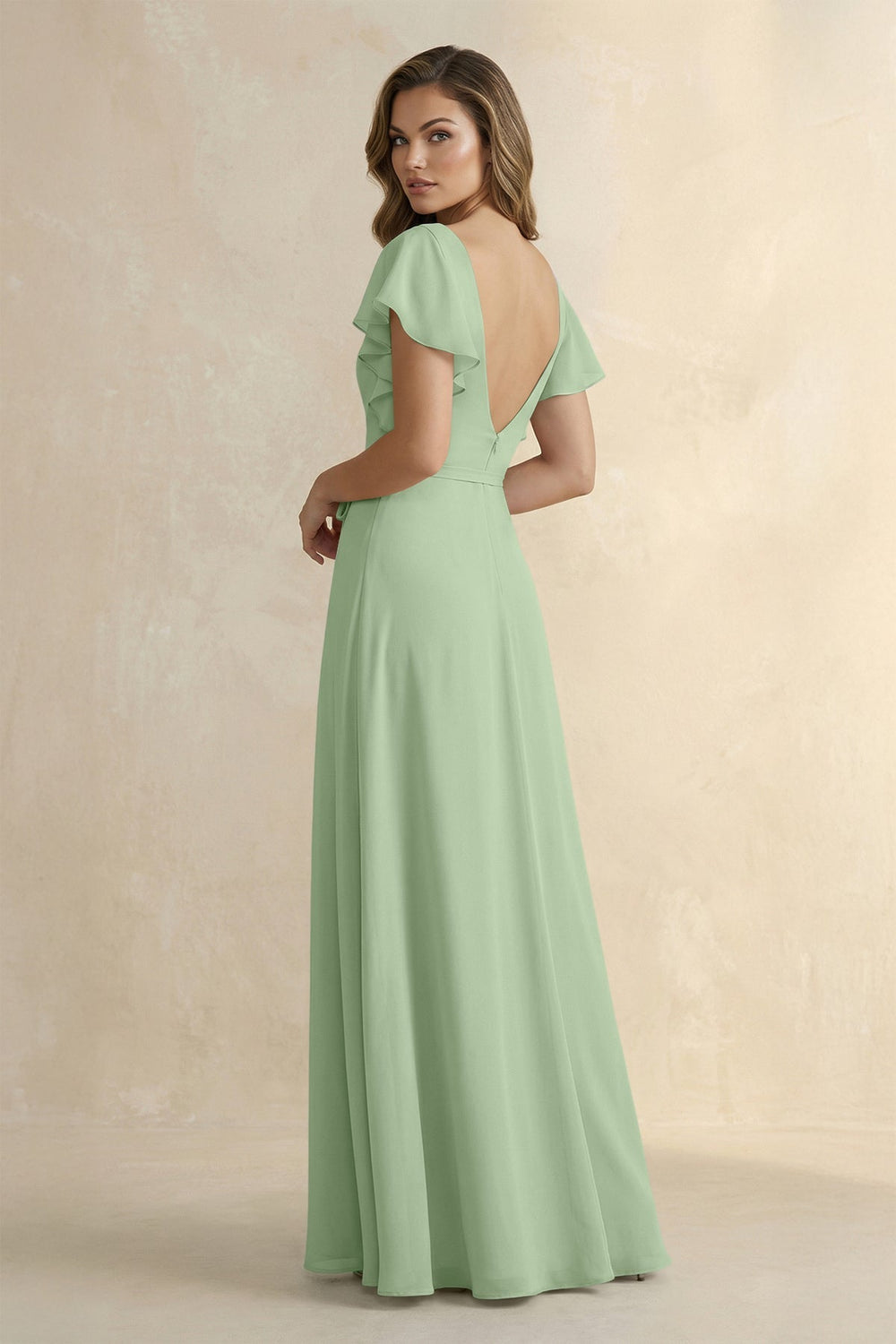 Ruffled V - Neck Chiffon A - Line Bridesmaid Dress in Sage - KISS BRIDAL Bridesmaid Dresses