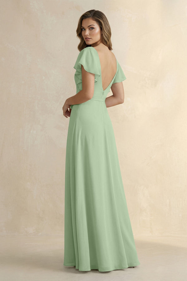 Ruffled V - Neck Chiffon A - Line Bridesmaid Dress in Sage - SHE IS ME Bridesmaid Dresses