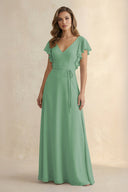 Ruffled V - Neck Chiffon A - Line Bridesmaid Dress in Sea Glass - SHE IS ME Bridesmaid Dresses