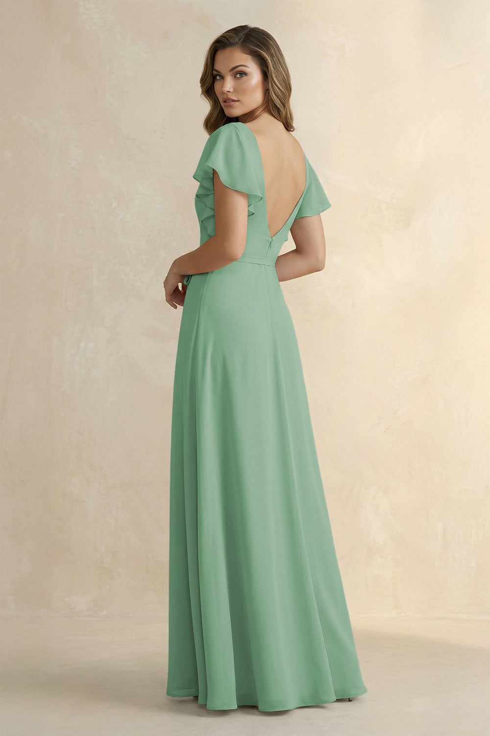 Ruffled V - Neck Chiffon A - Line Bridesmaid Dress in Sea Glass - KISS BRIDAL Bridesmaid Dresses