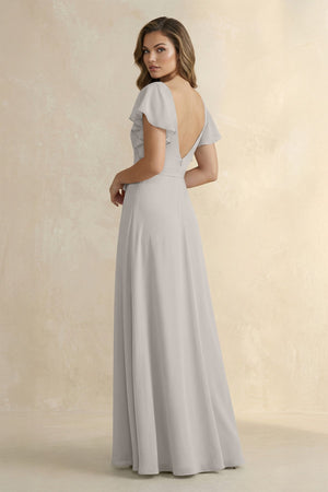 Ruffled V - Neck Chiffon A - Line Bridesmaid Dress in Silver - SHE IS ME Bridesmaid Dresses