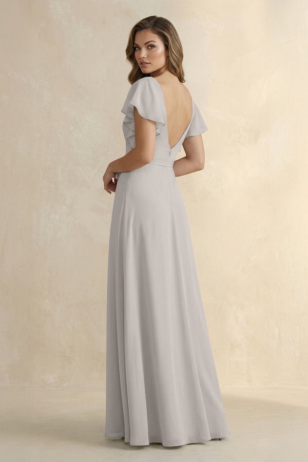 Ruffled V - Neck Chiffon A - Line Bridesmaid Dress in Silver - SHE IS ME Bridesmaid Dresses