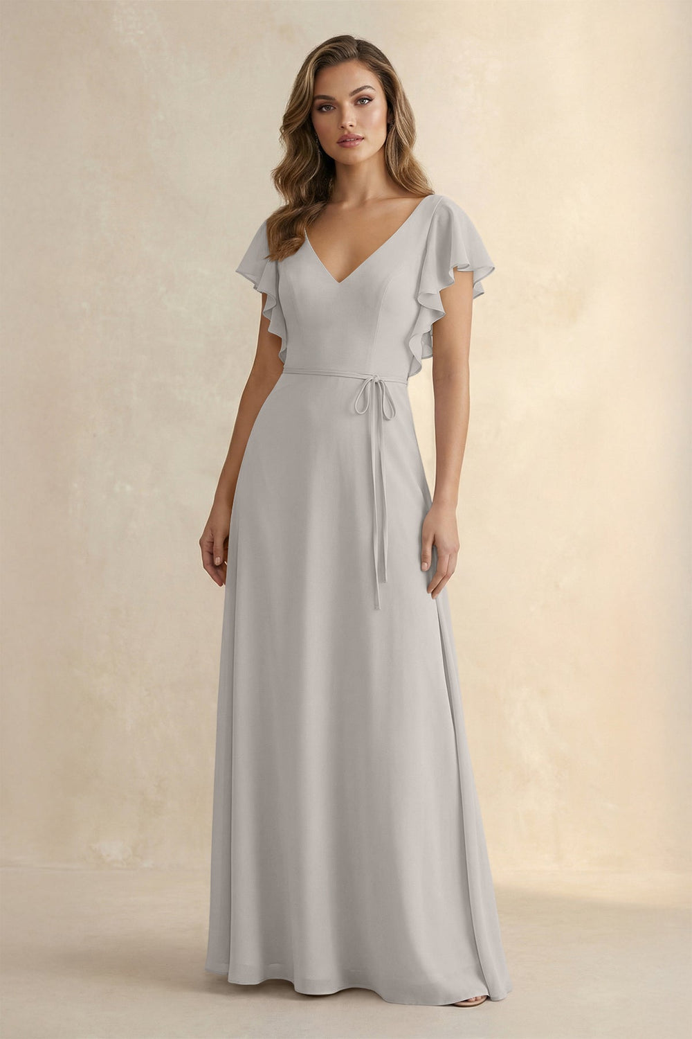 Ruffled V - Neck Chiffon A - Line Bridesmaid Dress in Silver - KISS BRIDAL Bridesmaid Dresses