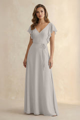 Ruffled V - Neck Chiffon A - Line Bridesmaid Dress in Silver - KISS BRIDAL Bridesmaid Dresses