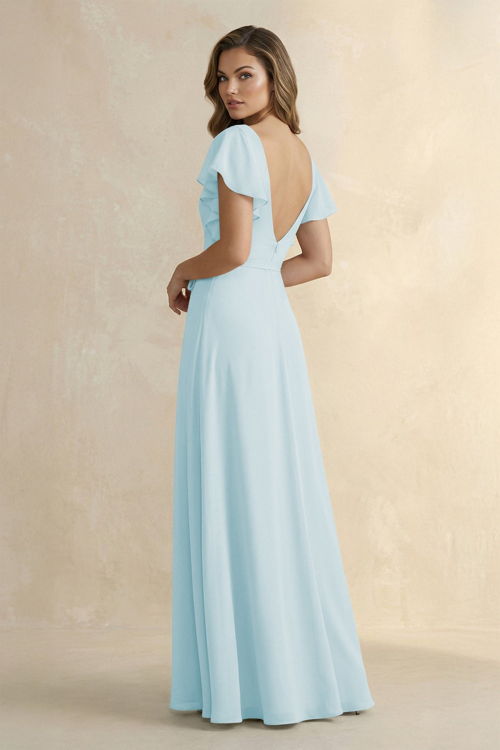 Ruffled V - Neck Chiffon A - Line Bridesmaid Dress in Sky Blue - KISS BRIDAL Bridesmaid Dresses