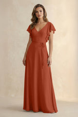 Ruffled V - Neck Chiffon A - Line Bridesmaid Dress in Spice - KISS BRIDAL Bridesmaid Dresses