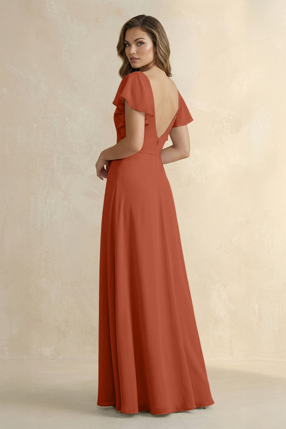 Ruffled V - Neck Chiffon A - Line Bridesmaid Dress in Spice - KISS BRIDAL Bridesmaid Dresses
