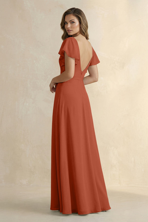 Ruffled V - Neck Chiffon A - Line Bridesmaid Dress in Spice - SHE IS ME Bridesmaid Dresses
