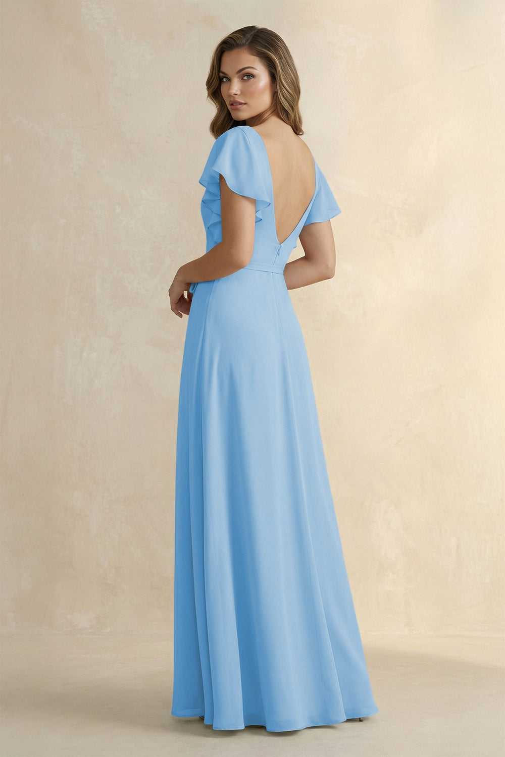 Ruffled V - Neck Chiffon A - Line Bridesmaid Dress in Steel Blue - KISS BRIDAL Bridesmaid Dresses