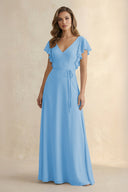Ruffled V - Neck Chiffon A - Line Bridesmaid Dress in Steel Blue - SHE IS ME Bridesmaid Dresses