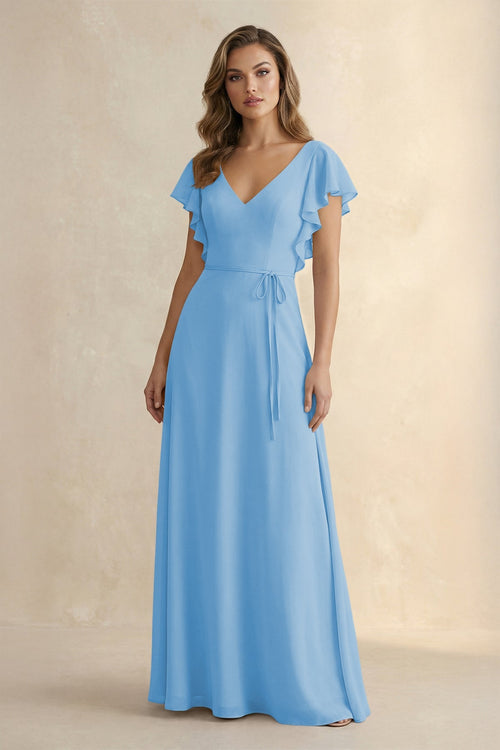 Ruffled V - Neck Chiffon A - Line Bridesmaid Dress in Steel Blue - SHE IS ME Bridesmaid Dresses