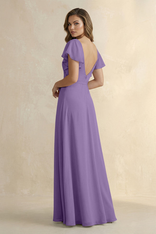 Ruffled V - Neck Chiffon A - Line Bridesmaid Dress in Tahiti - SHE IS ME Bridesmaid Dresses