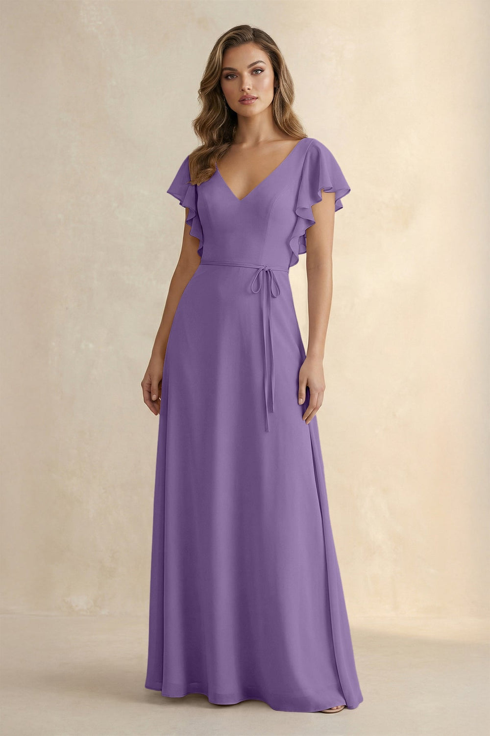 Ruffled V - Neck Chiffon A - Line Bridesmaid Dress in Tahiti - KISS BRIDAL Bridesmaid Dresses