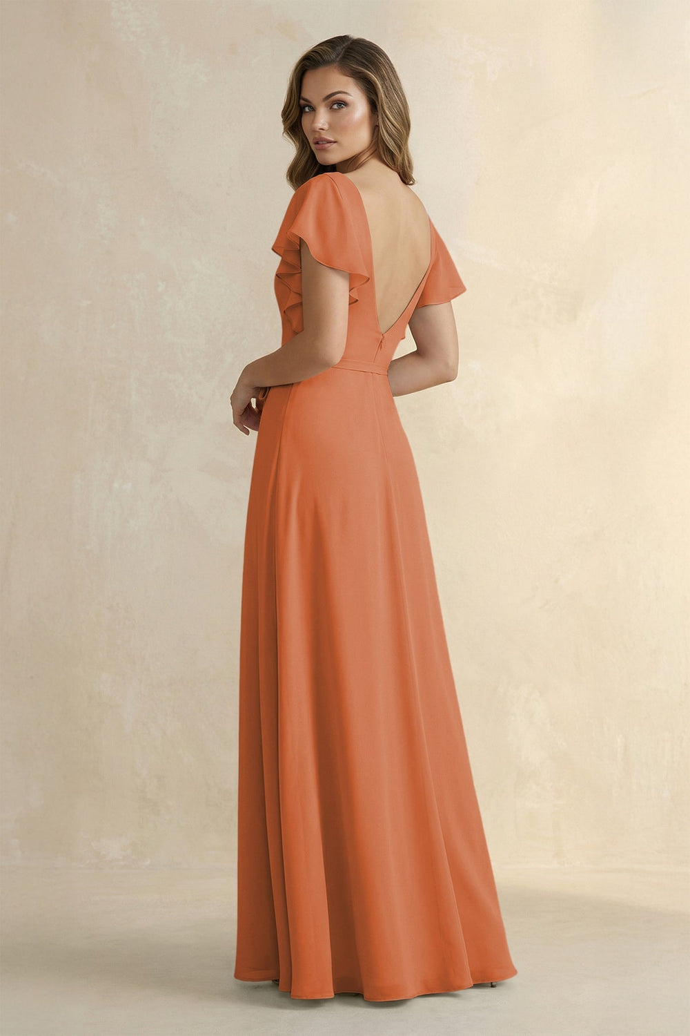 Ruffled V - Neck Chiffon A - Line Bridesmaid Dress in Terracotta - KISS BRIDAL Bridesmaid Dresses
